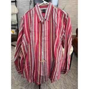Hugo Boss Pink Striped Long Sleeve Button-Up Dress Shirt Mens Size XXL